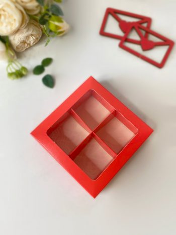 Коробка с окном под 4 макаронс/моти/конфеты Алая, 120х120х35 мм (крышка/дно)