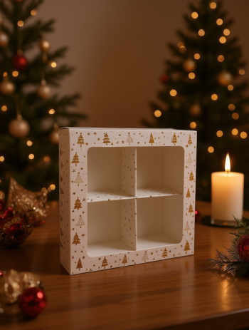 Коробка с окном 4 макаронс/моти/конфеты Золотые елочки, 126х126х35 мм (крышка-дно) — изображение 2