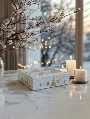 Коробка с окном 4 макаронс/моти/конфеты Золотые елочки, 126х126х35 мм (крышка-дно) — изображение 3