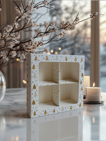 Коробка с окном 4 макаронс/моти/конфеты Золотые елочки, 126х126х35 мм (крышка-дно)