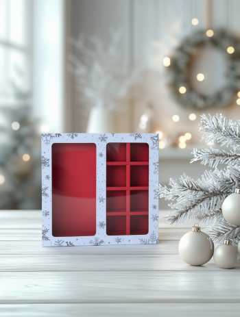 Коробка с окном 8 конфет плитка шоколада Новогоднее серебро, 177х178,5х38,5 мм (дно и обечайка)