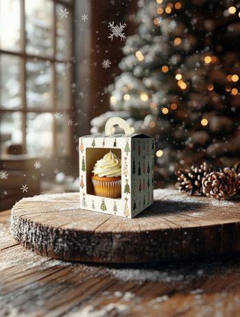 Коробка с окном под 1 капкейк/маффин/пирожное с окном Ёлочки, 92х92х111