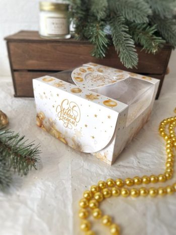 Коробка с окном под под 4 капкейка/пирожных/бенто-торт Новогодние мечты, 140*140*80 мм